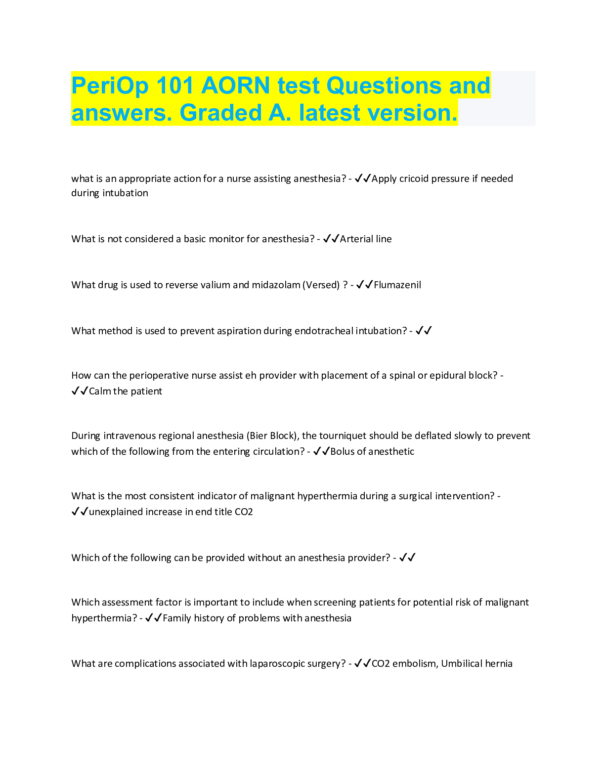 Preview image for PeriOp 101 AORN test Questions and  answers. Graded A. latest version.